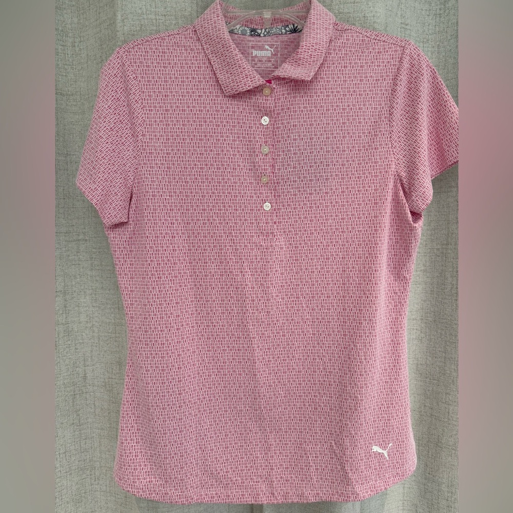 Puma PINK Geometric Print Textured Polo Shirt DryCell NEW size M Breast Cancer